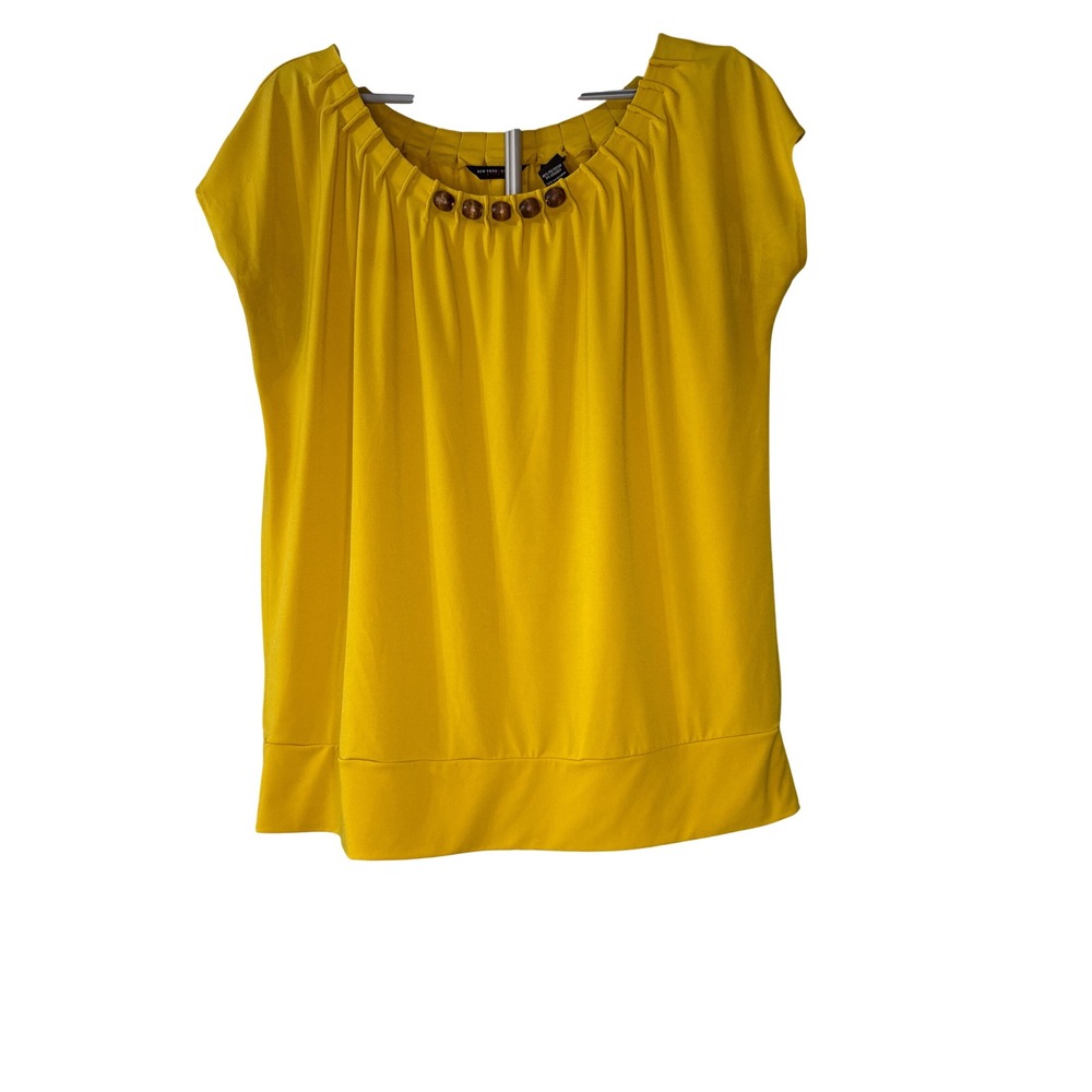 New York & Company Yellow Beaded Neck Pleated Cap Sleeve Blouse XLโ VN040003